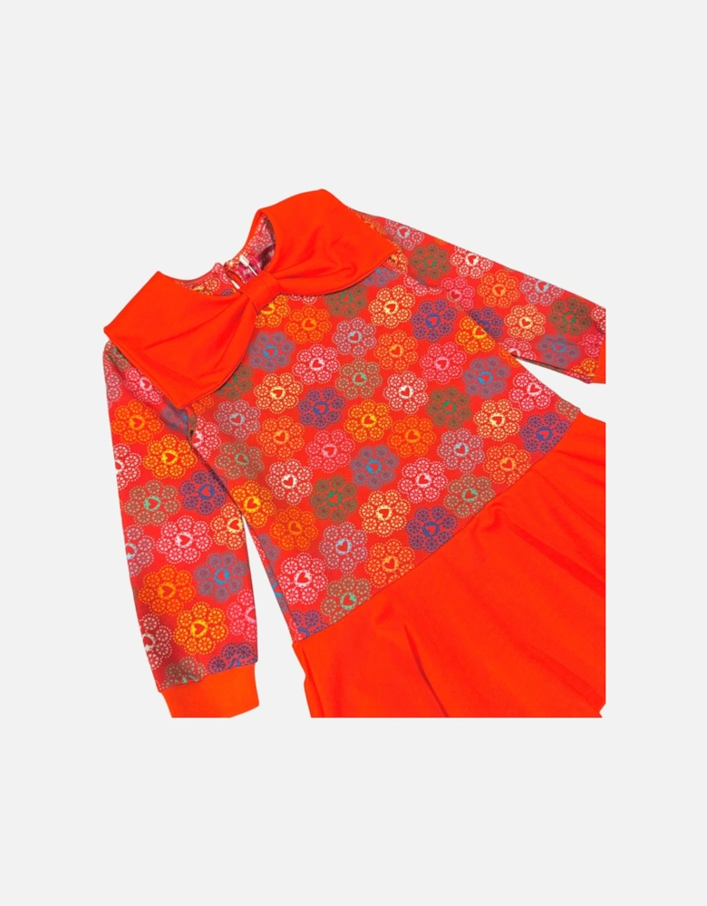 Girls Orange Print Bow Collared Dress