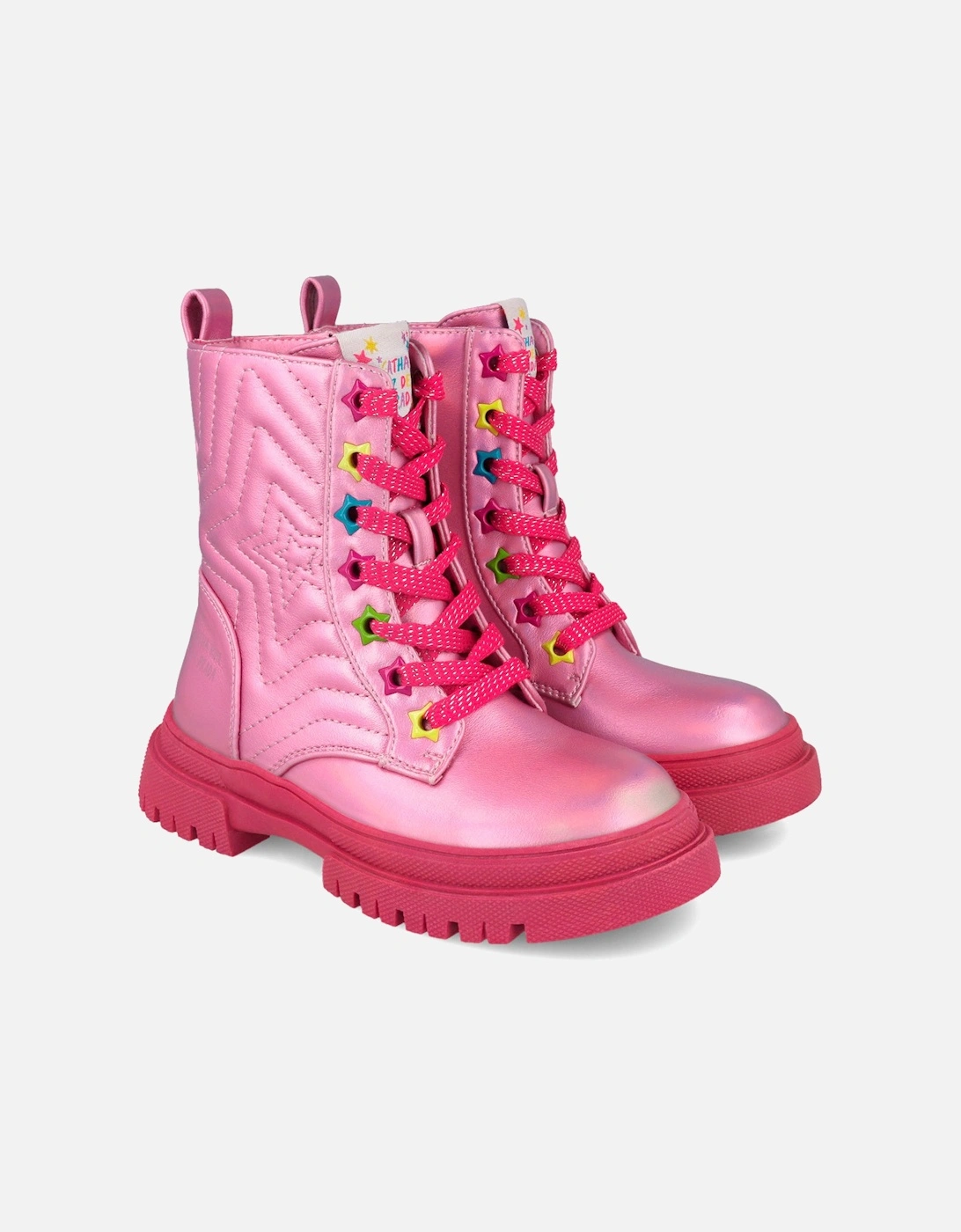 Girls Pink Chunky Lace Up Boots, 5 of 4