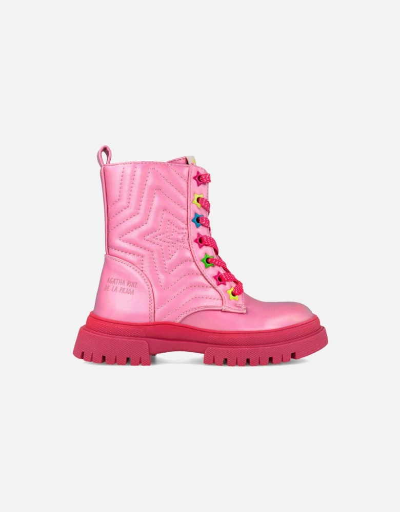 Girls Pink Chunky Lace Up Boots