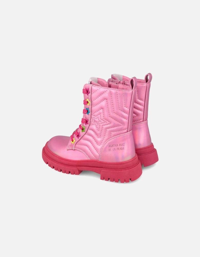 Girls Pink Chunky Lace Up Boots