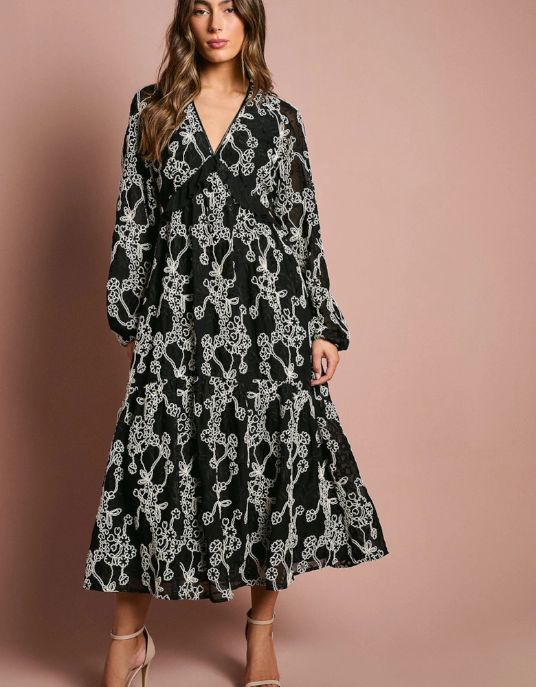 Long Sleeve Broderie Floral Midaxi Dress