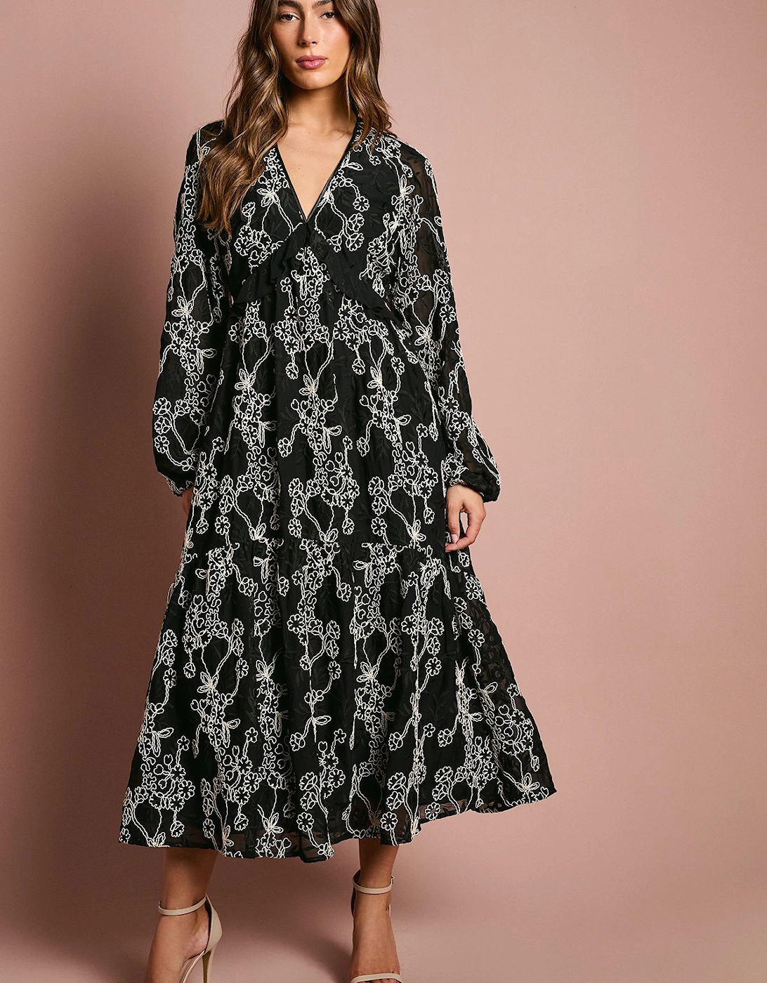 Long Sleeve Broderie Floral Midaxi Dress, 2 of 1