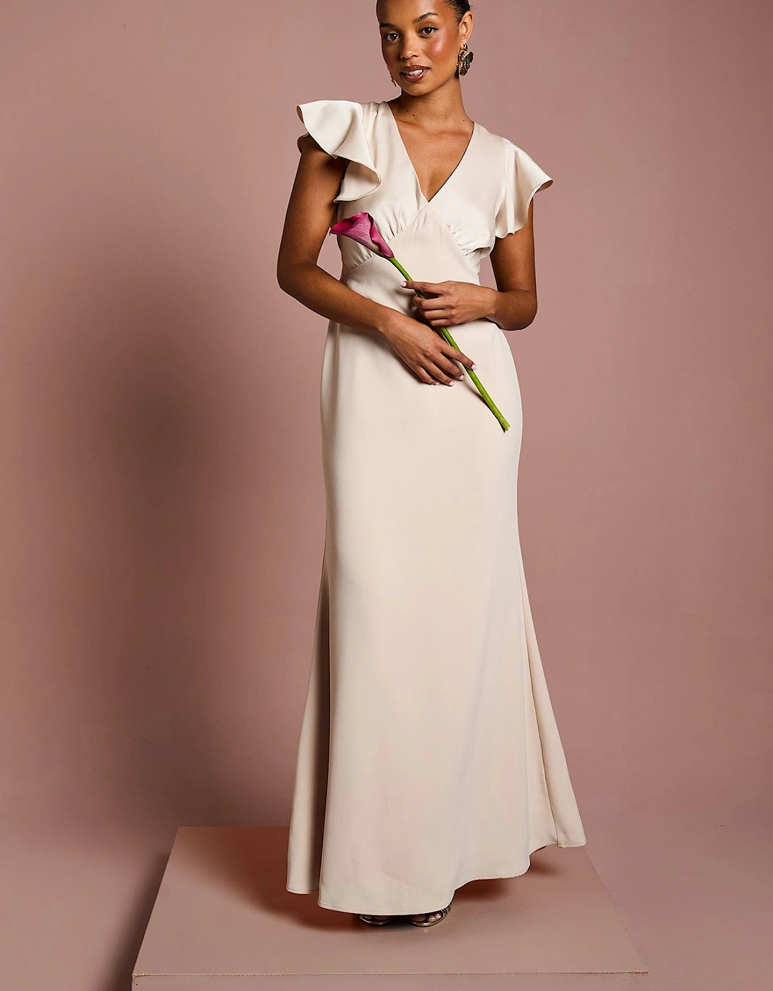 Honoured Petite V Neck Angel Short Sleeve Satin Maxi Bridesmaid Dress, 2 of 1