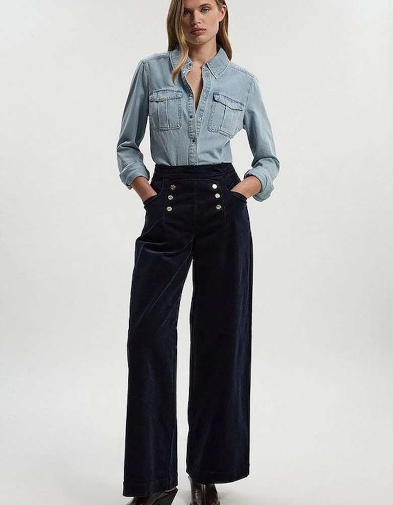 Stretch Cord Button Front Wide Leg Trouser