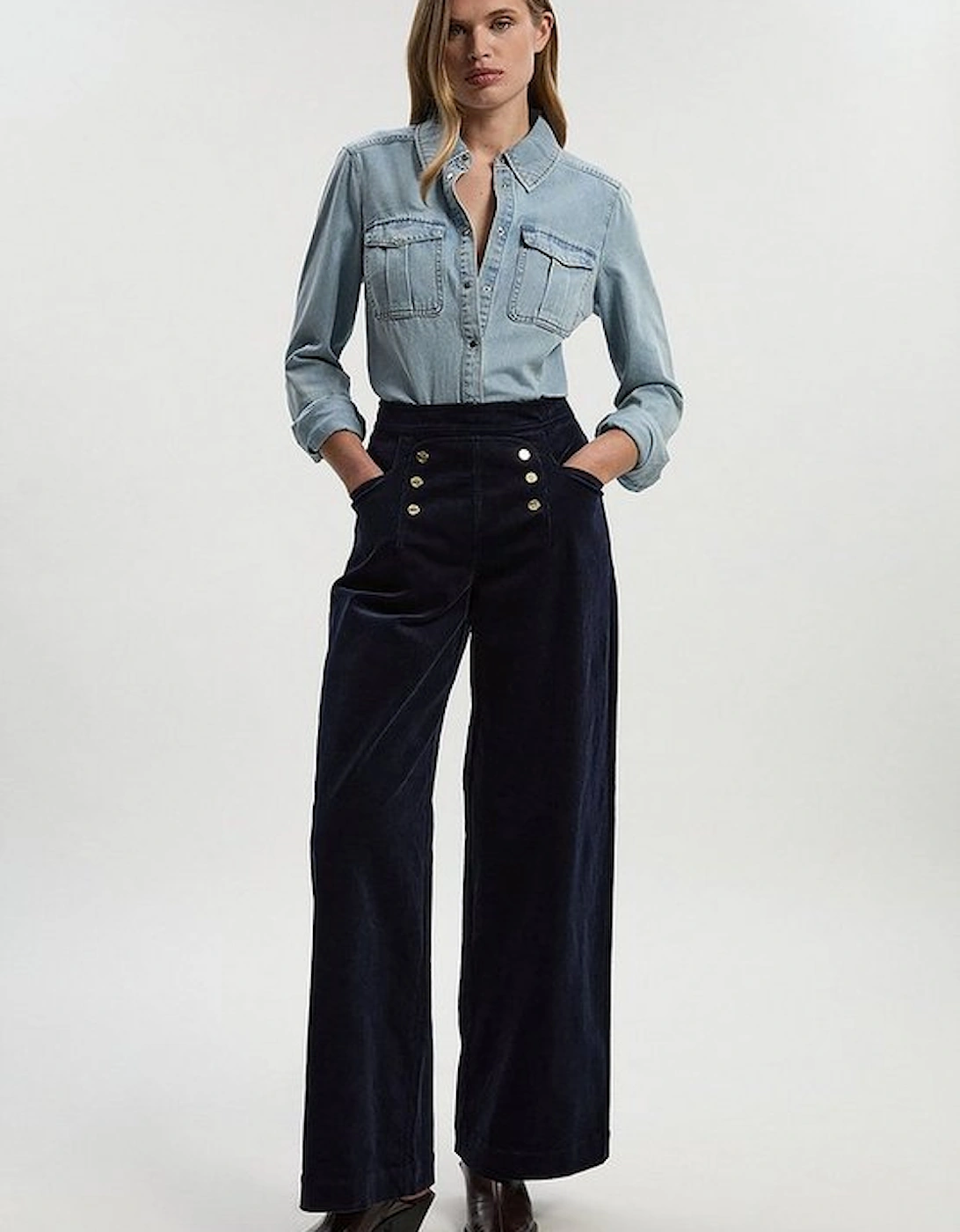 Stretch Cord Button Front Wide Leg Trouser, 2 of 1