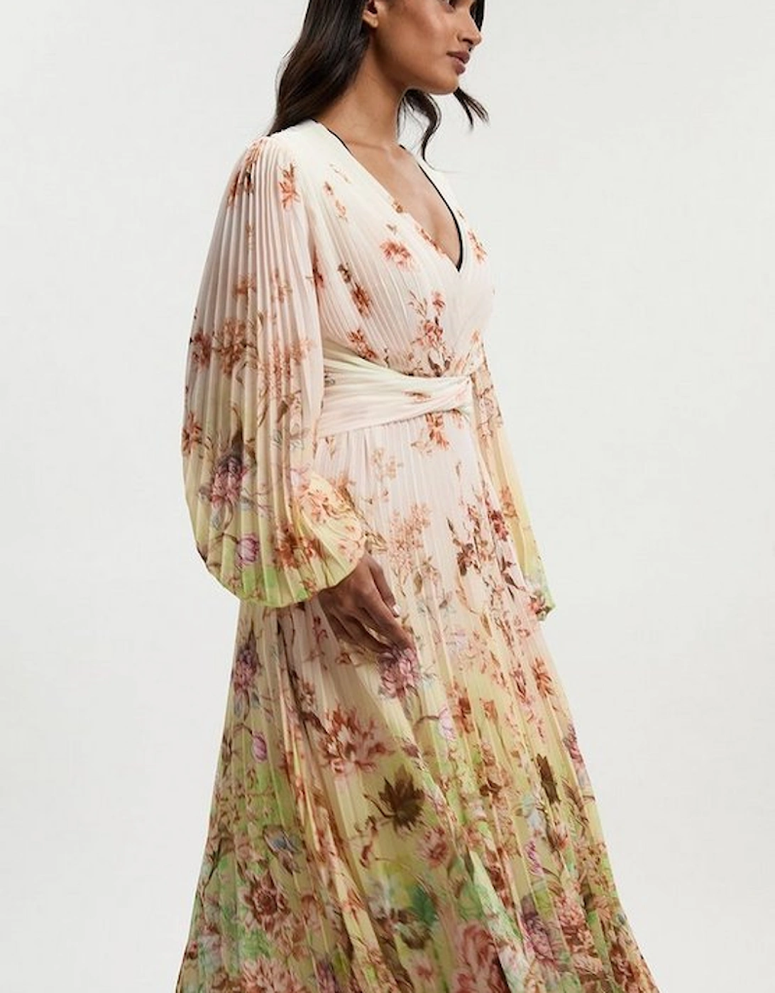 Petite Scattered Floral Balloon Sleeve Pleated Crinkle Cut Out Woven Maxi Dress, 2 of 1
