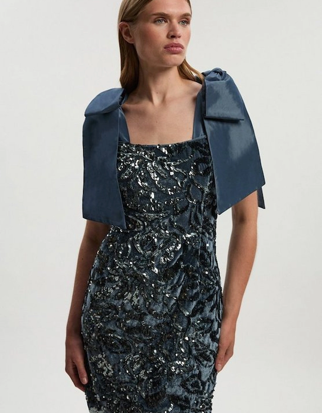 Velvet Sequin Woven Mini Dress With Taffeta Bow Tie Detail, 2 of 1