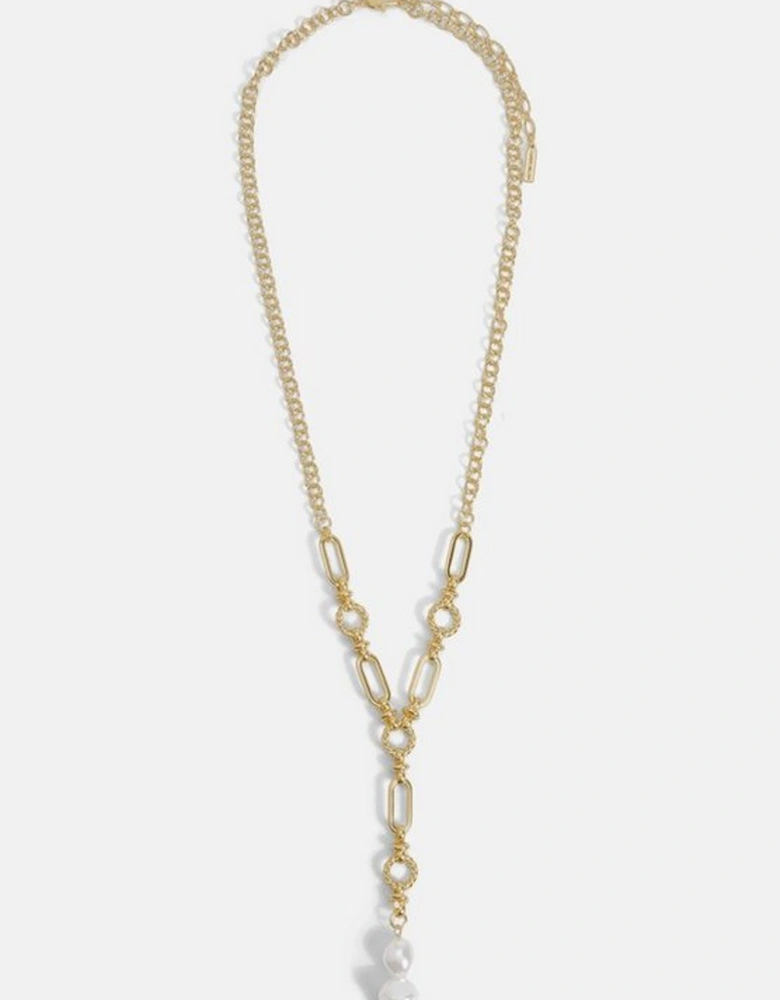 Gold Chain Pearl Drop Detail Statement Necklace