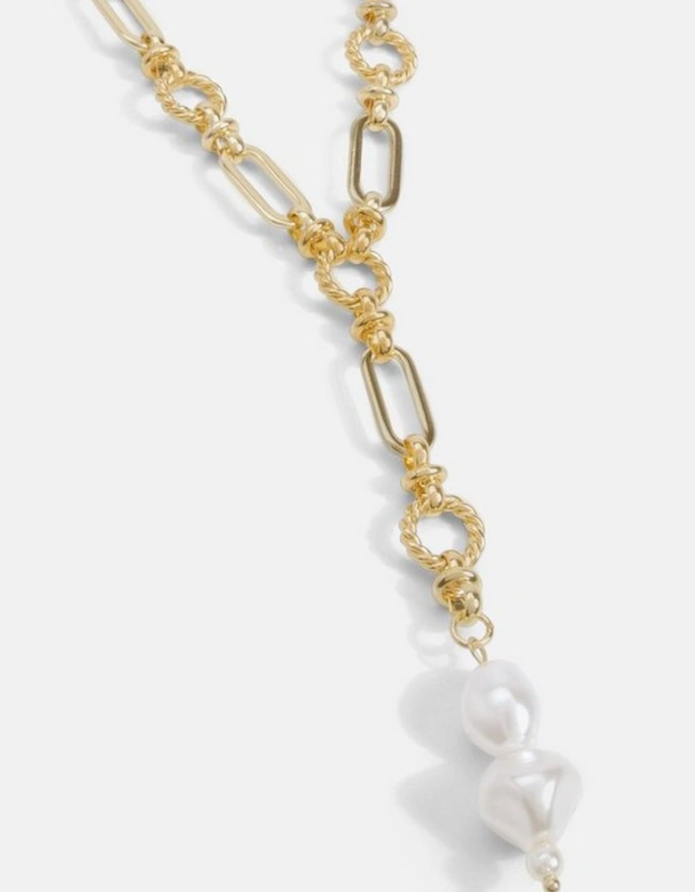Gold Chain Pearl Drop Detail Statement Necklace