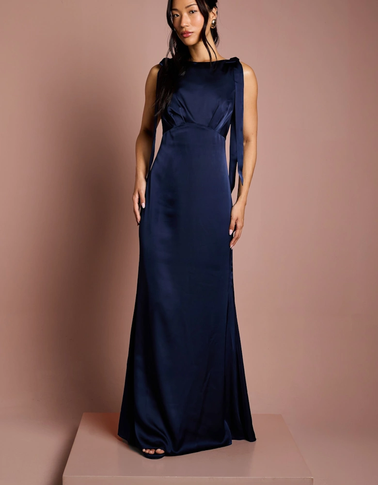 Honoured Sleeveless High Neck Tie Shoulder Satin Maxi Bridesmaid Dress