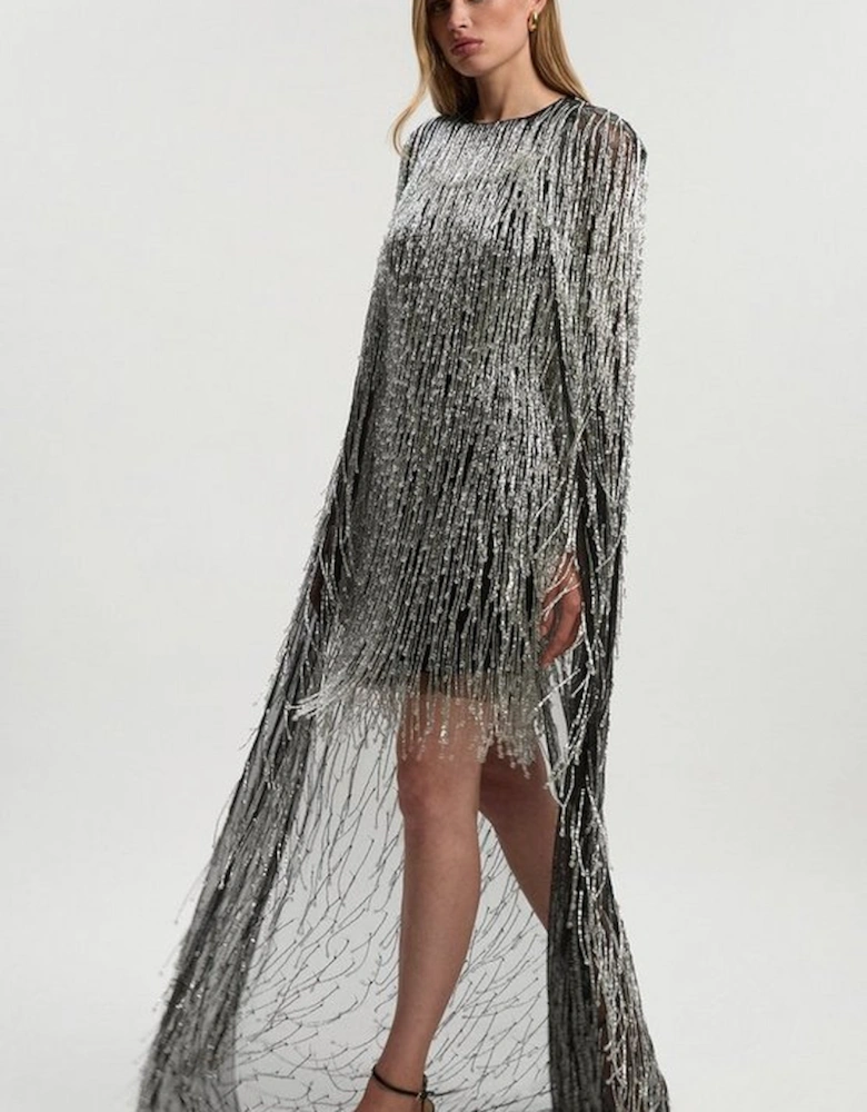 Embellished Fringe Caped Woven Mini Dress