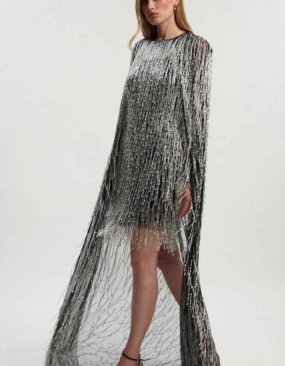 Embellished Fringe Caped Woven Mini Dress, 2 of 1