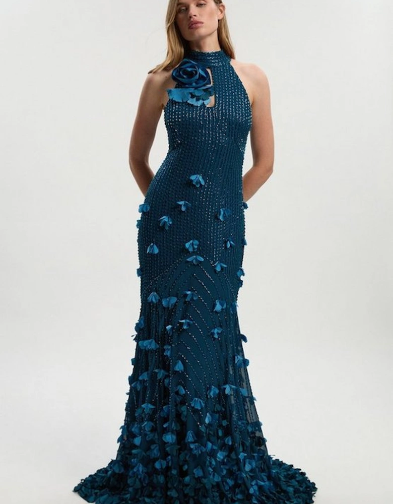 Crystal Applique Woven Maxi Rosette Maxi Dress