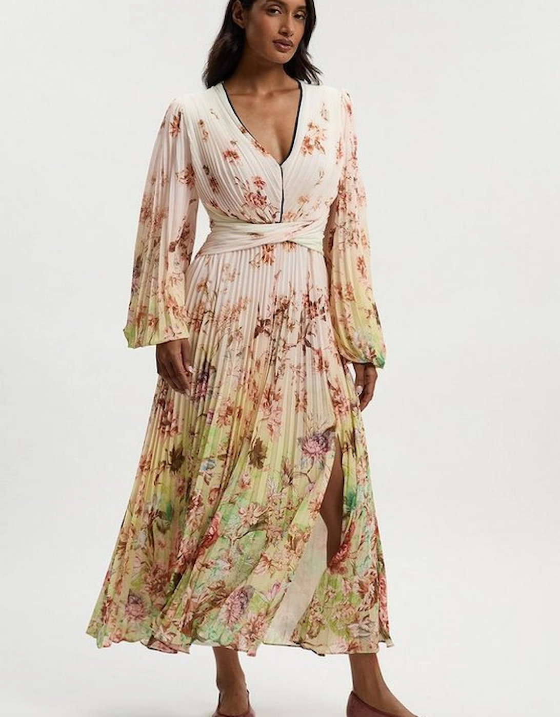 Scattered Floral Balloon Sleeve Pleated Crinkle Cut Out Woven Maxi Dress, 2 of 1