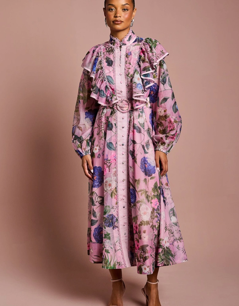 Petite Printed Midi Dress With Organza Trim