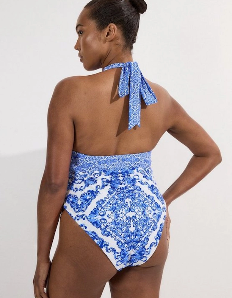 Plus Size Blue Scarf Print Plunge Swimsuit