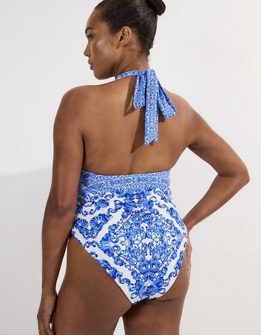 Plus Size Blue Scarf Print Plunge Swimsuit