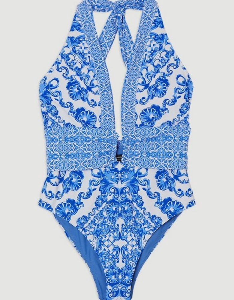 Plus Size Blue Scarf Print Plunge Swimsuit