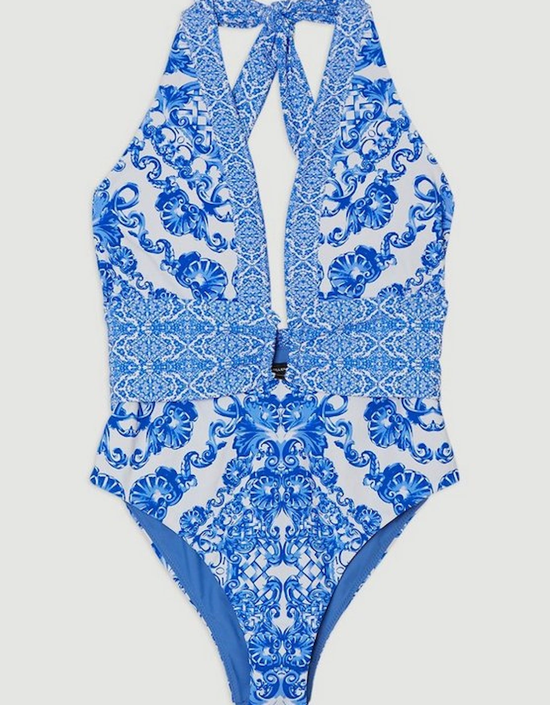 Plus Size Blue Scarf Print Plunge Swimsuit