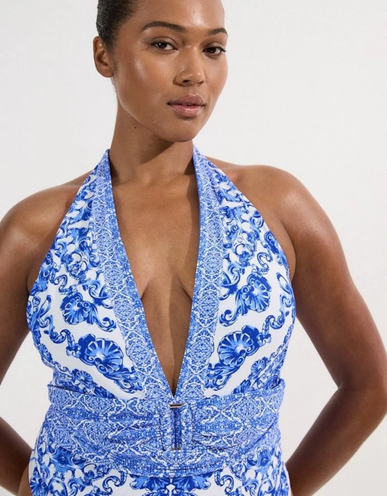 Plus Size Blue Scarf Print Plunge Swimsuit
