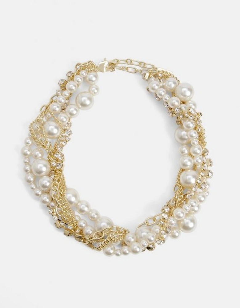 Gold Chain Woven Pearl And Diamante Statement Necklace