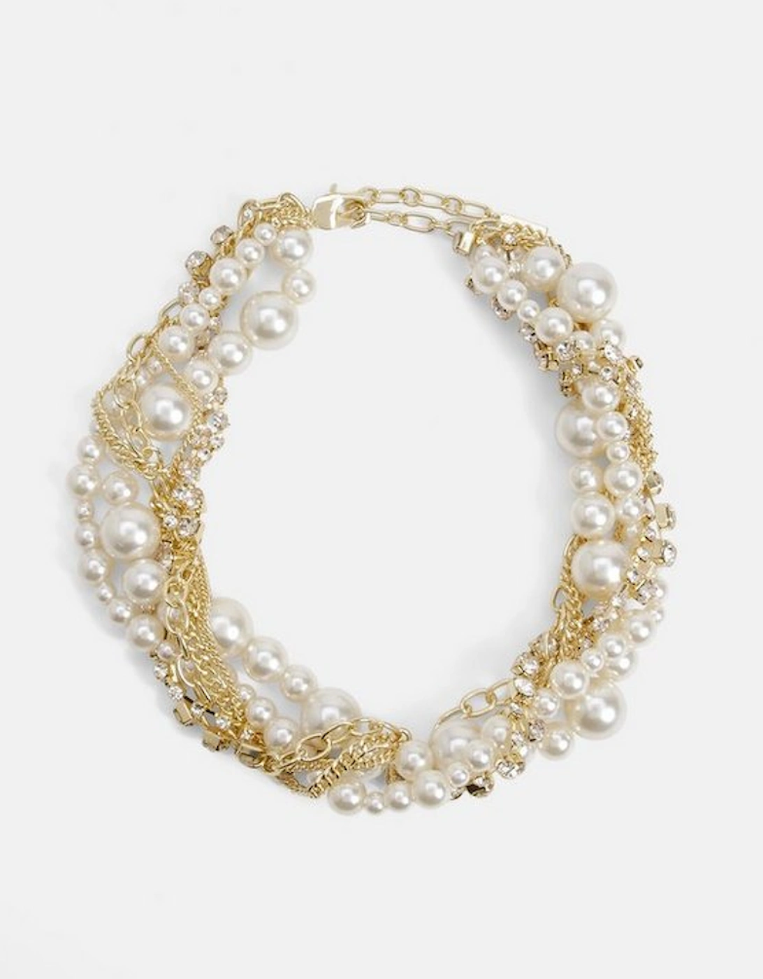 Gold Chain Woven Pearl And Diamante Statement Necklace