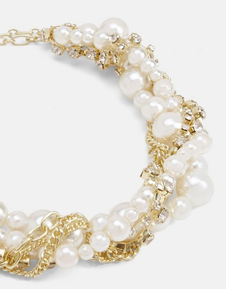 Gold Chain Woven Pearl And Diamante Statement Necklace