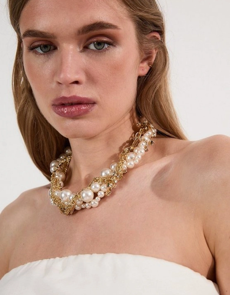Gold Chain Woven Pearl And Diamante Statement Necklace