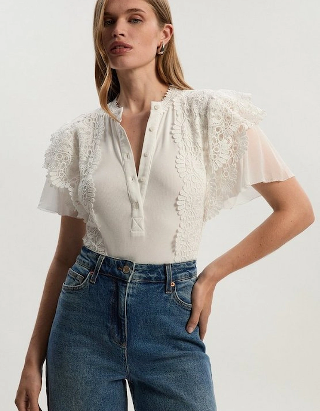 Guipure Lace Trim Ribbed Button Detail Jersey Bodysuit, 4 of 3