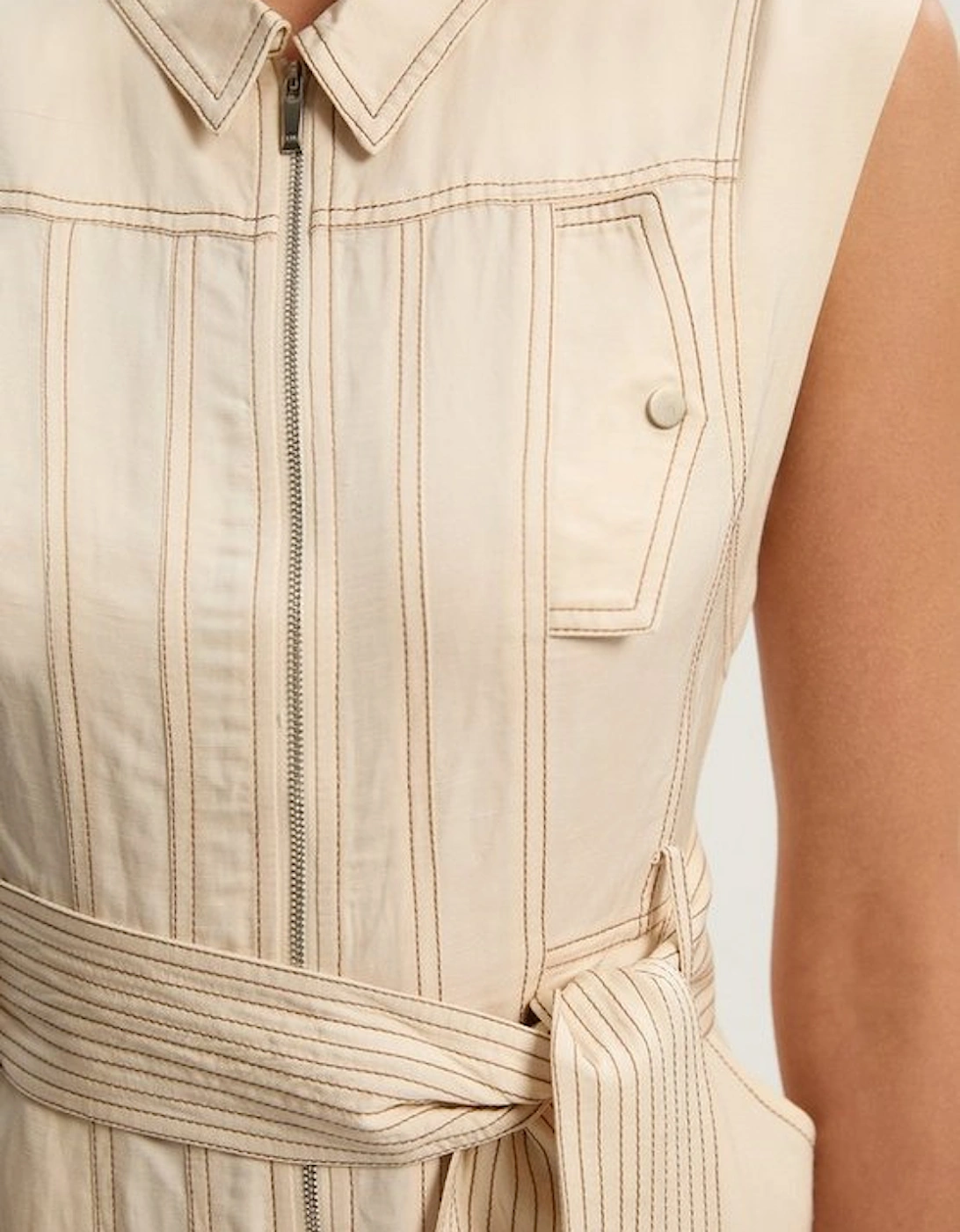 Premium Linen Twill Topstitch Woven Sleeveless Midi Dress
