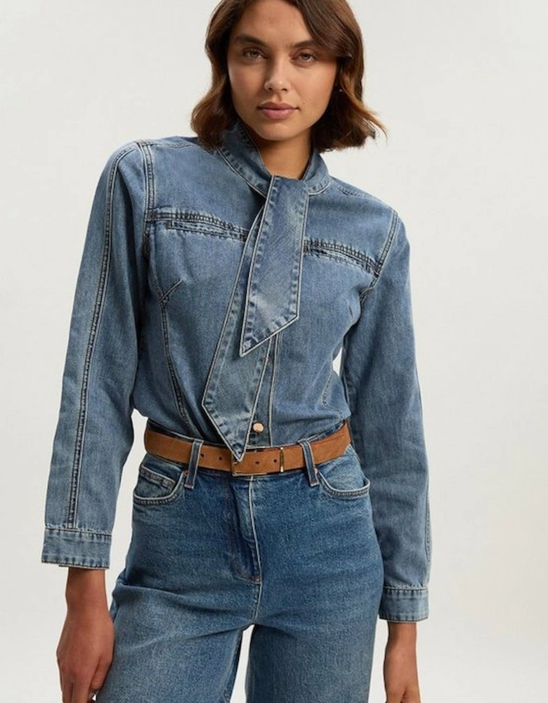 Denim Pussy Bow Blouse