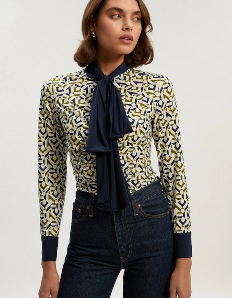 Geo Print Crepe Tie Neck Crepe Shirt