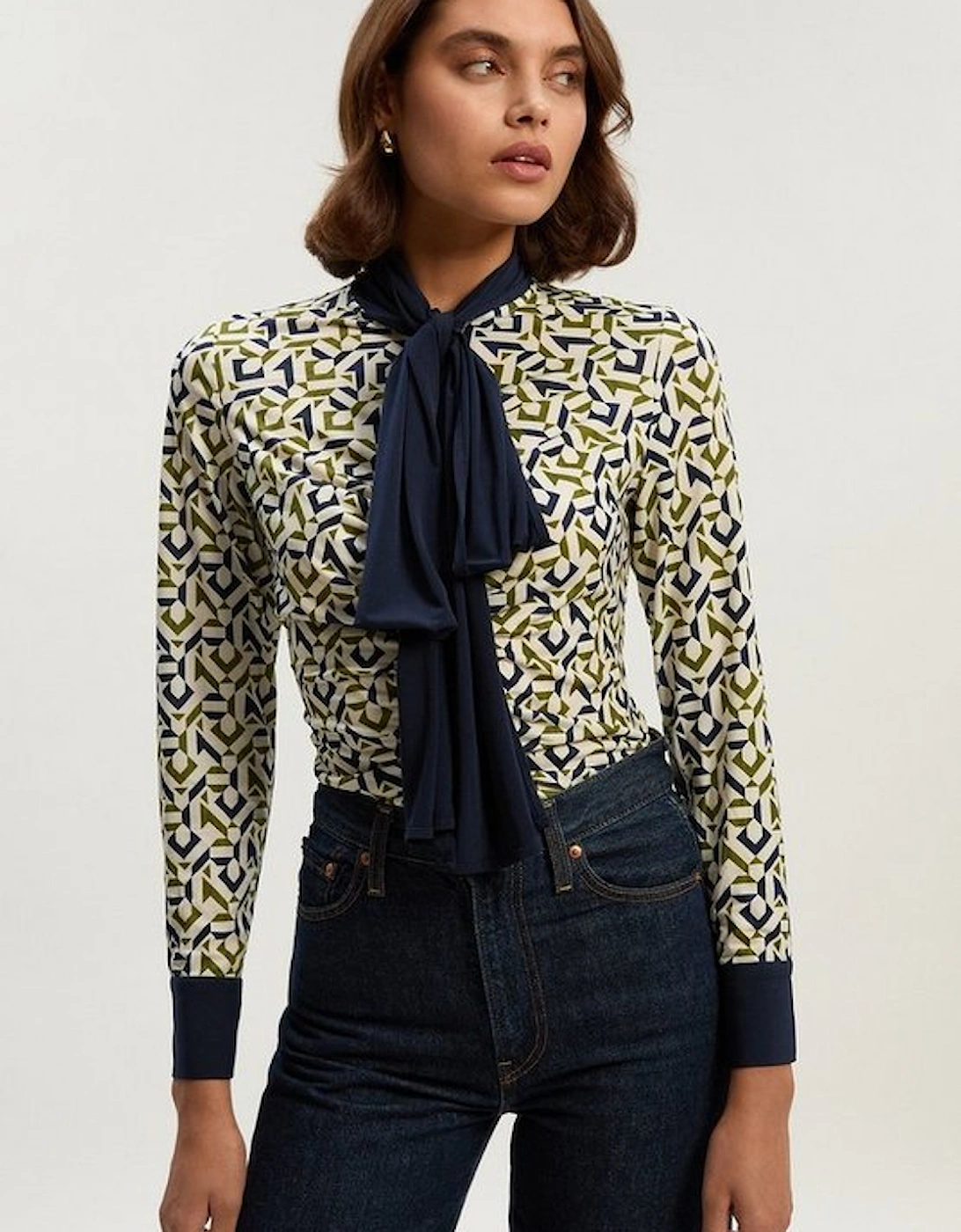 Geo Print Crepe Tie Neck Crepe Shirt