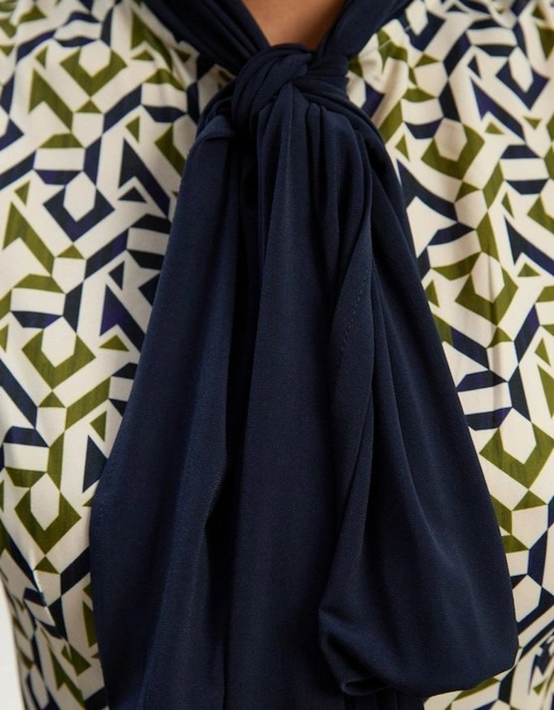 Geo Print Crepe Tie Neck Mini Dress