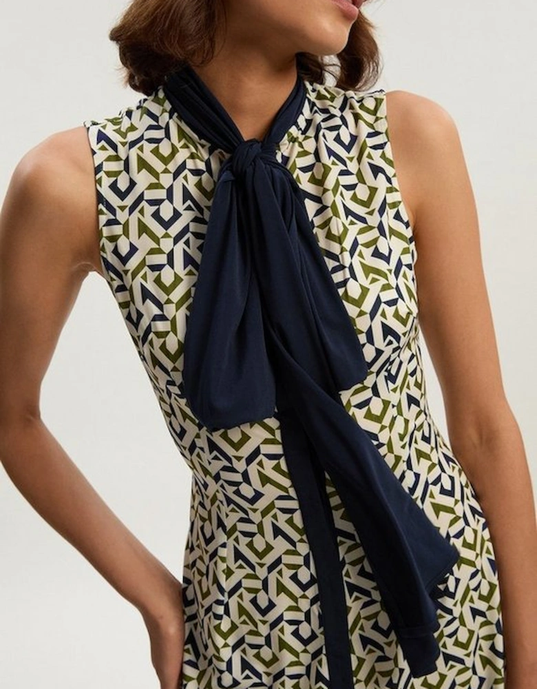 Geo Print Crepe Tie Neck Mini Dress
