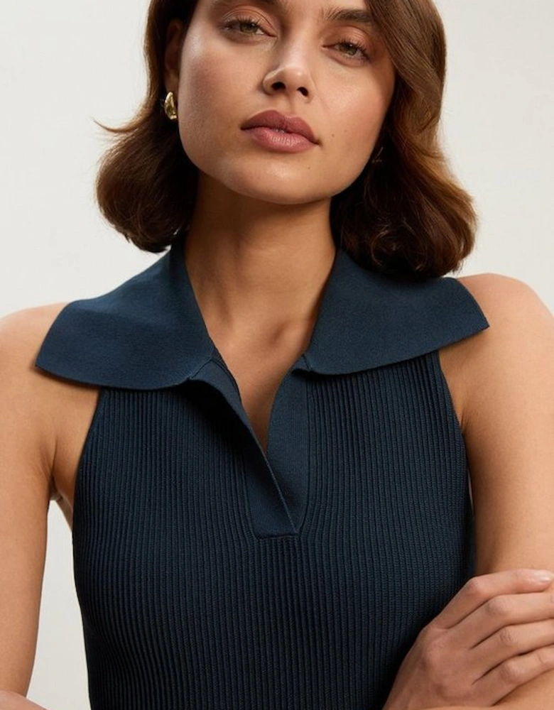 Ottoman Stitch Sleeveless Collar Detail Knitted Midi Dress