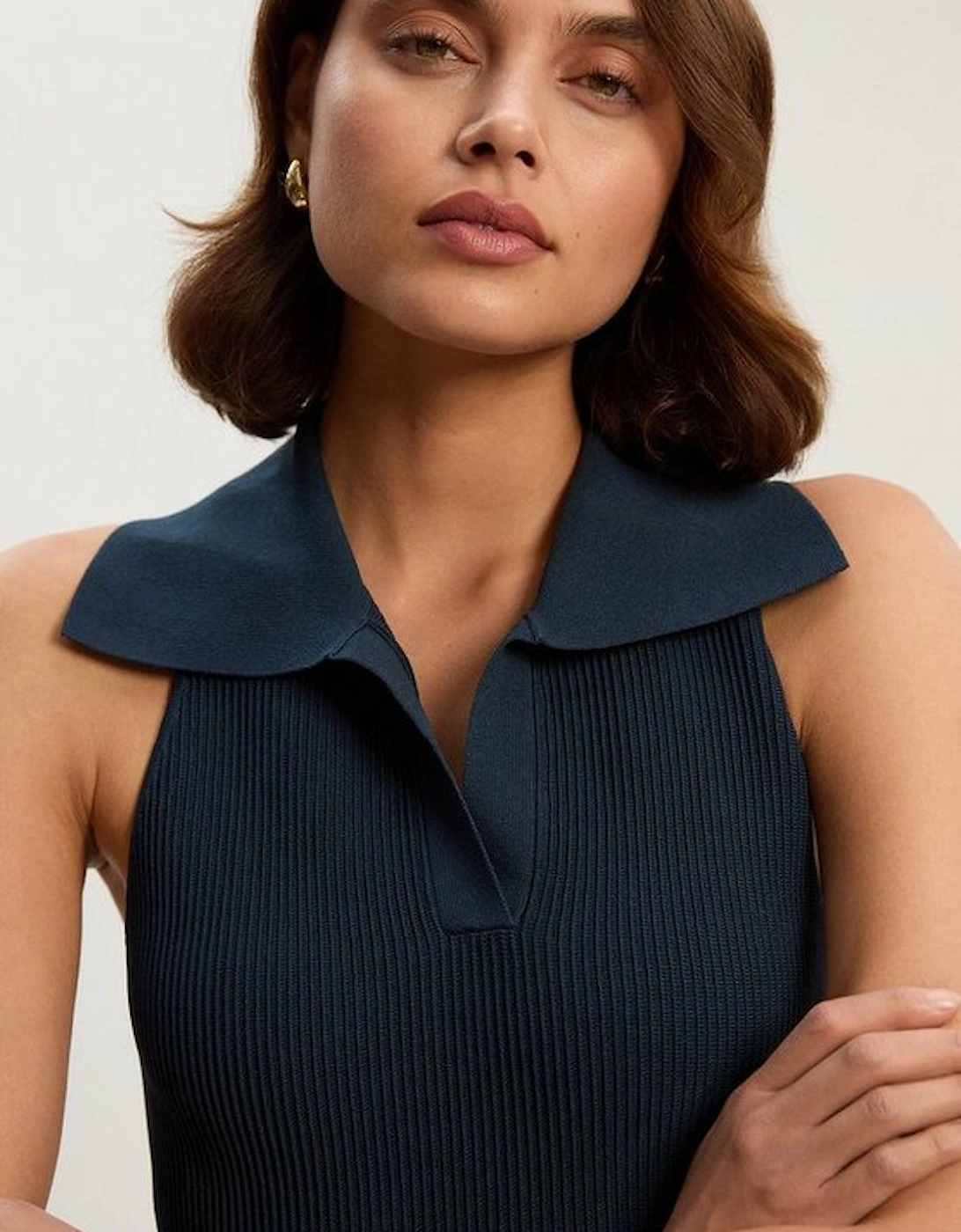 Ottoman Stitch Sleeveless Collar Detail Knitted Midi Dress