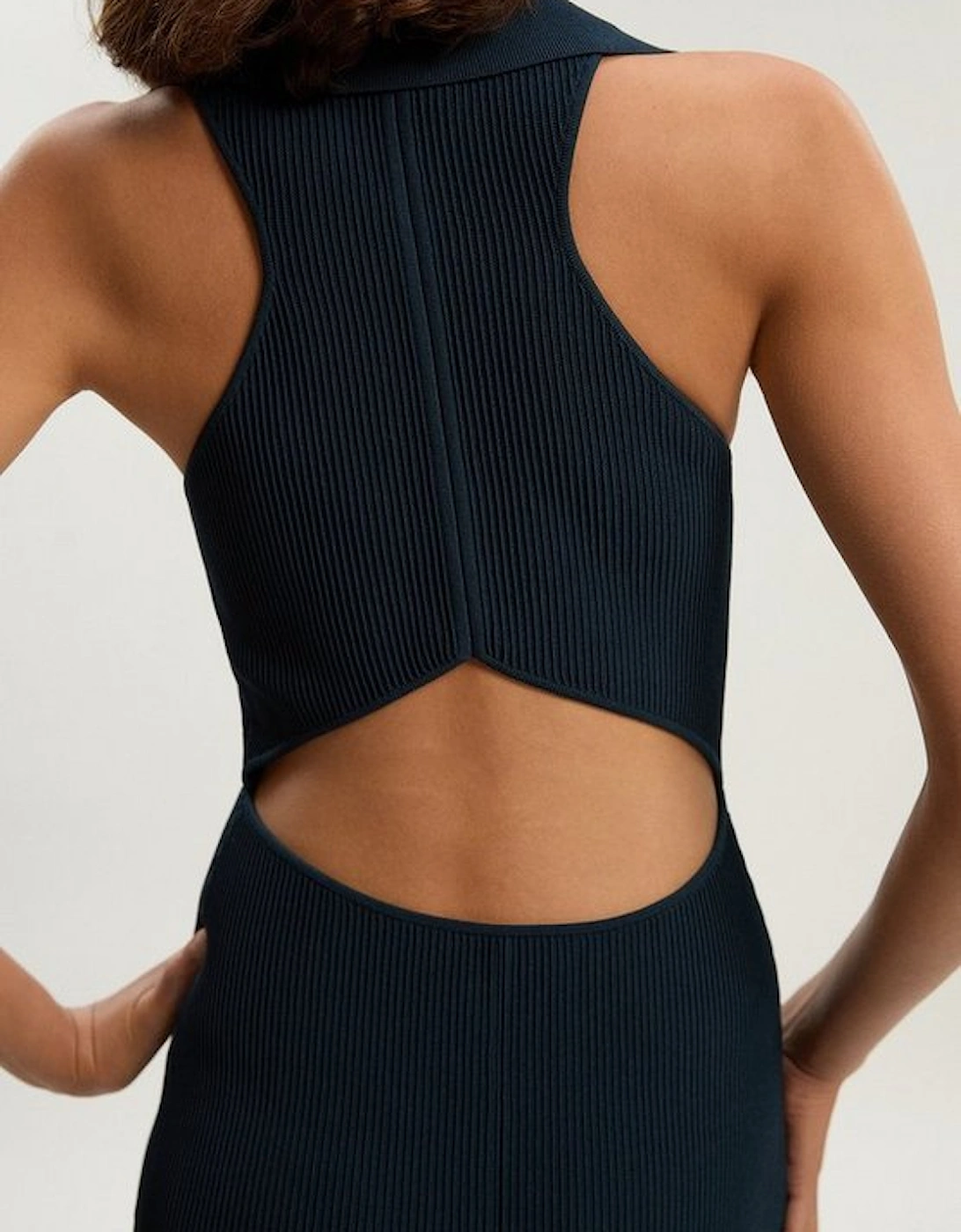 Ottoman Stitch Sleeveless Collar Detail Knitted Midi Dress