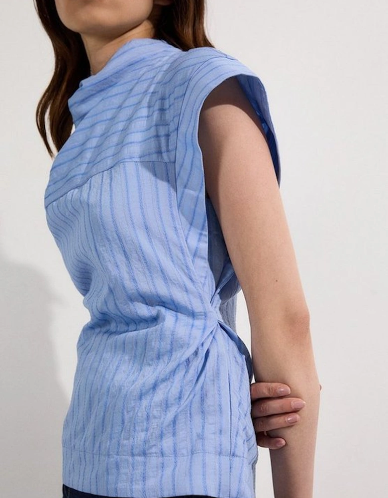 Cotton Stripe High Neck Woven Top