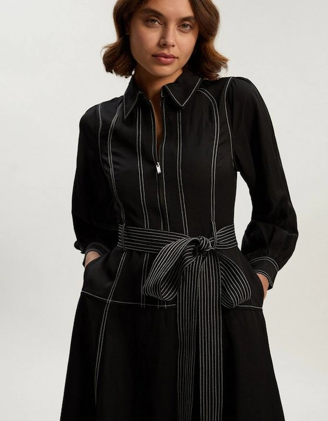 Premium Linen Twill Topstitch Woven Maxi Dress