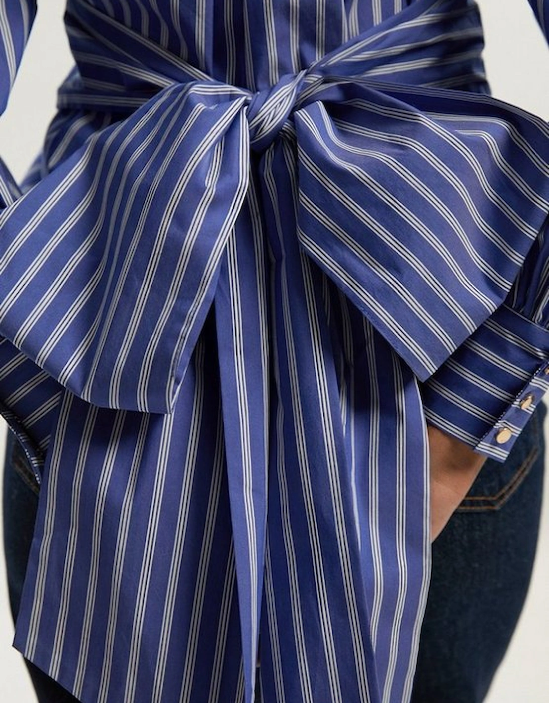 Stripe Cotton Poplin Drama Sleeve Woven Wrap Detail Blouse
