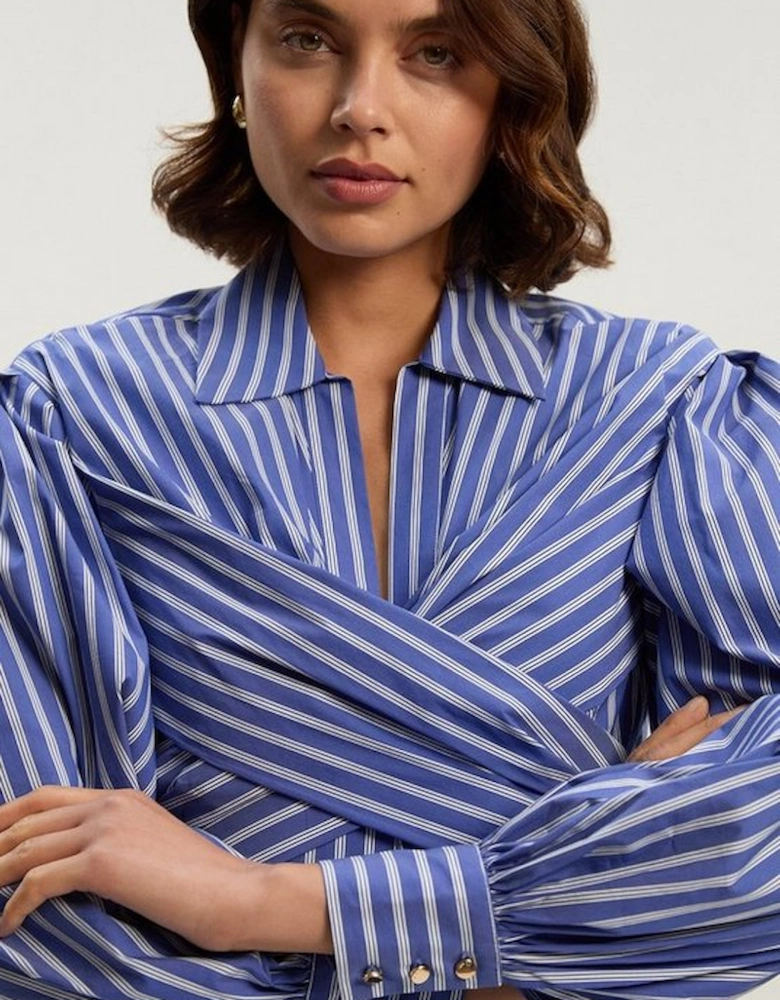 Stripe Cotton Poplin Drama Sleeve Woven Wrap Detail Blouse