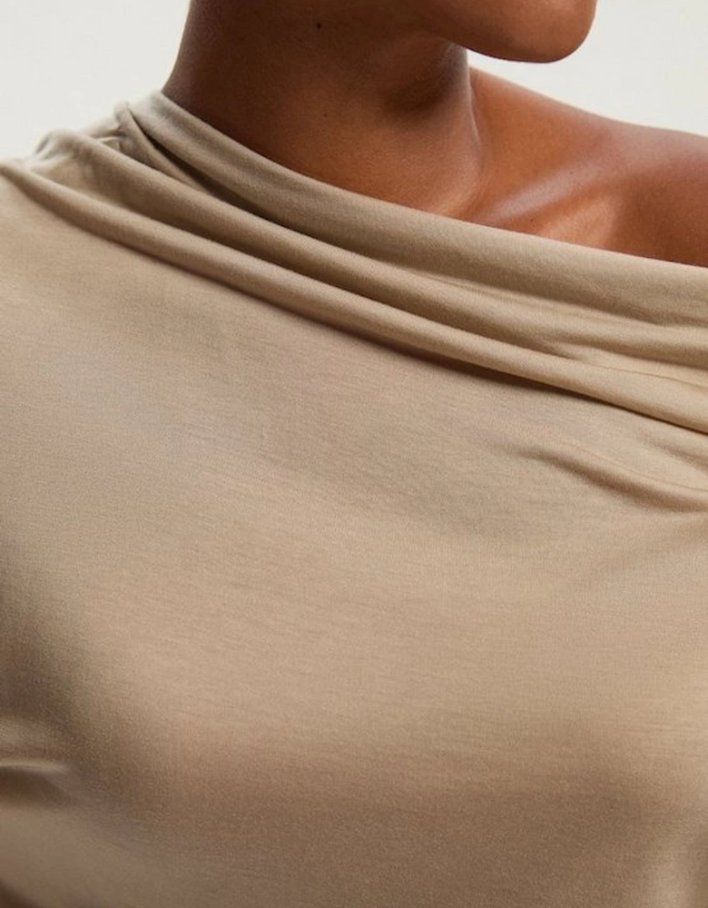 Plus Size Tencel Ruched Asymmetric Neck Long Sleeve Top