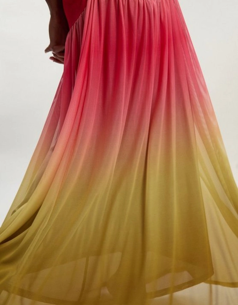 Plus Size Ombre Rouched Jersey Sleeveless Mesh Maxi Dress