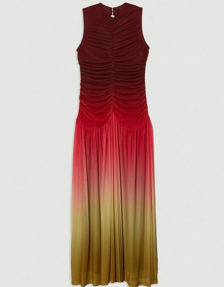 Plus Size Ombre Rouched Jersey Sleeveless Mesh Maxi Dress