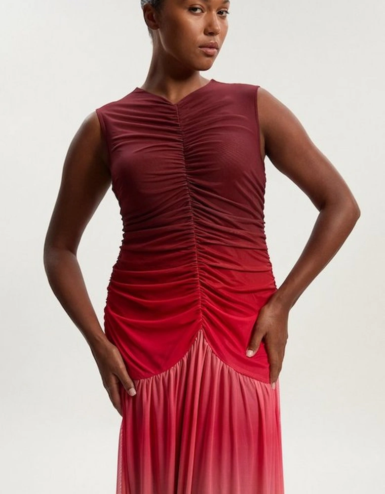 Plus Size Ombre Rouched Jersey Sleeveless Mesh Maxi Dress