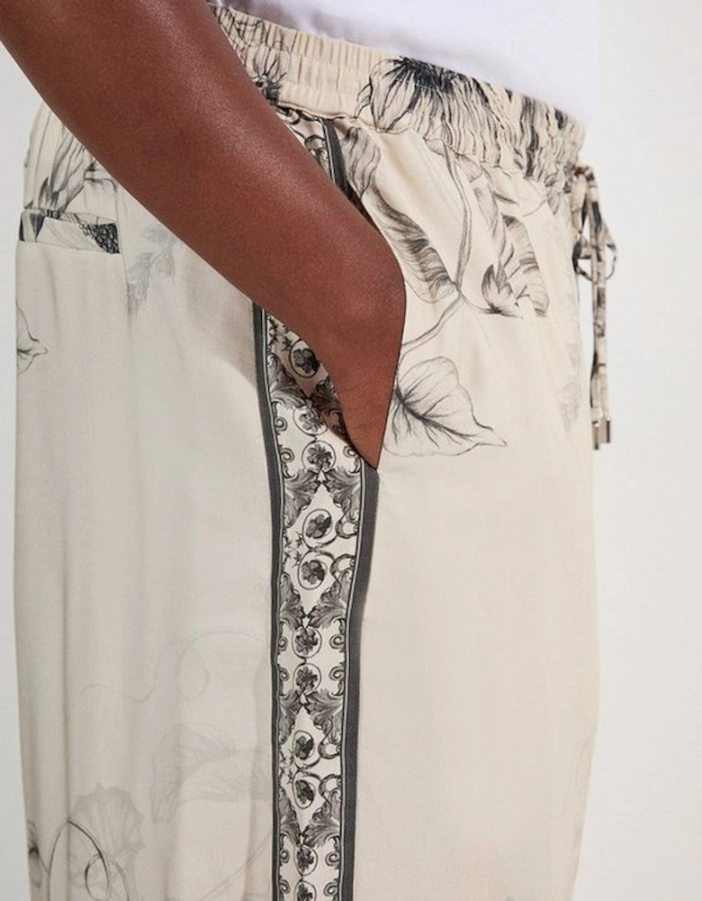Plus Size Viscose Linen Scenic Placed Print Woven Wide Leg Trousers