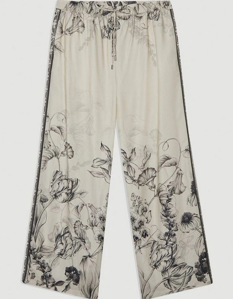 Plus Size Viscose Linen Scenic Placed Print Woven Wide Leg Trousers