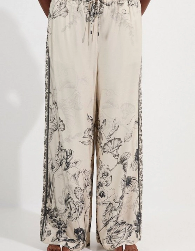 Plus Size Viscose Linen Scenic Placed Print Woven Wide Leg Trousers
