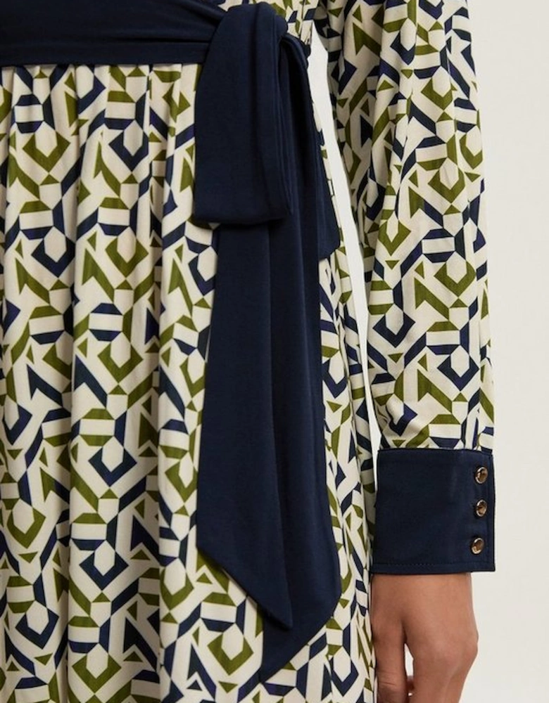 Geo Print Crepe Tie Waist Maxi Dress